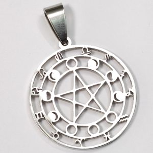 COLGANTE ACERO PENTACULO RODEADO POR FASES LUNARES Y SIMBOLOS DEL ZODIACO